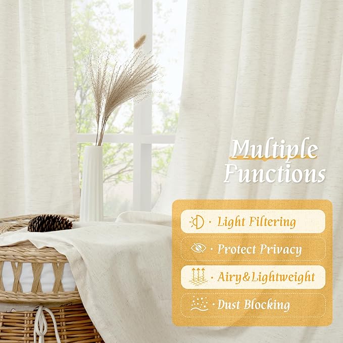 LAMIT Cream Linen Curtains for Living Room, 84 Inches Long 2 Panels Natural Light Filtering Soft Thick Bedroom Semi Sheer Privacy Drapes with Rod Pocket for Farmhouse/Sliding Door, 52 x 84 Inch