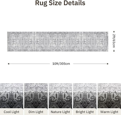 Hallway Washable Runner Rug 2x10 - Non Slip Vintage Kitchen Runner Rugs for Entryway Low-Pile Waterproof Long Runners for Living Room Bedroom Medallion Indoor Floor Mat for Bathroom Laundry Grey