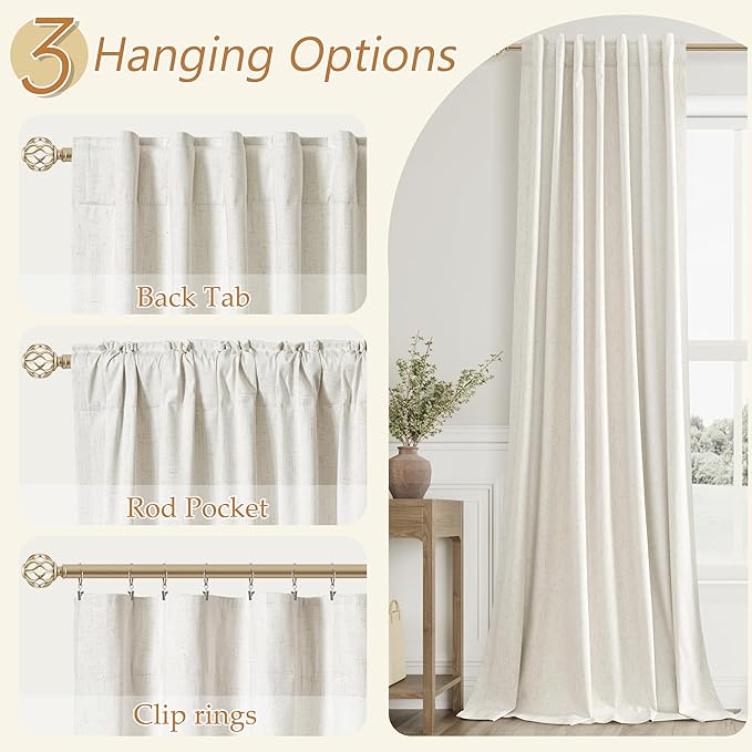 Cream 100% Blackout Linen Curtains 86 Inch Length 2 Panels Set for Living Room Bedroom Back Tab Thermal Insulated Black Out Drapes Room Darkening Farmhouse Style for Bedroom Window Curtains 52x86