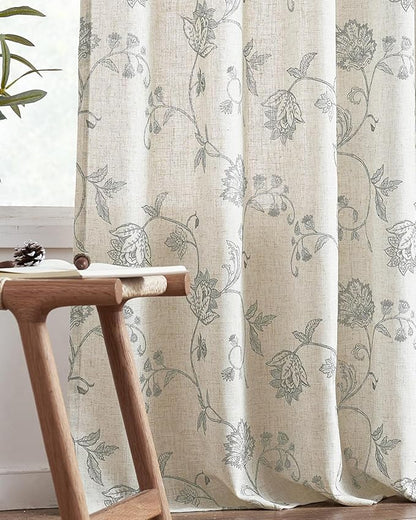 jinchan Linen Curtains Floral Curtains 96 Inch Length for Living Room Bedroom Light Filtering Rod Pocket Back Tab Jacobean Curtains Flax Linen Texture Window Drapes Set 2 Panels Dark Grey on Linen