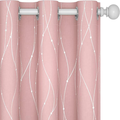 Deconovo Pink Blackout Curtains for Bedroom, Thermal Insulated Soundproof Pravicy Curtain, Silver Wave Dots Print, 42 x 63 Inch Long, Machine Washable Window Panels for Kids Room Nursery, Set of 2
