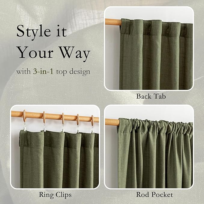 MYSKY HOME Living Room Curtains 90 Inches Long Farmhouse Light Filtering Privacy Curtain Drapes for Patio, Linen Look Texture Fabric Bohemian Draperies Soft Touch, 100" Wide, Olive Green, 1 Pieces