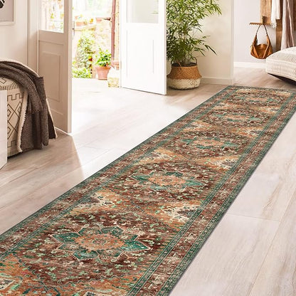 Yamaziot Washable Runner Rug, 2x12 Non-Slip Boho Vintage Hallway Rug Runner with Rubber Backing, Stain Resistant Low Pile Distressed Carpet Runner for Bedroom, Kitchen, Laundry, Entrance