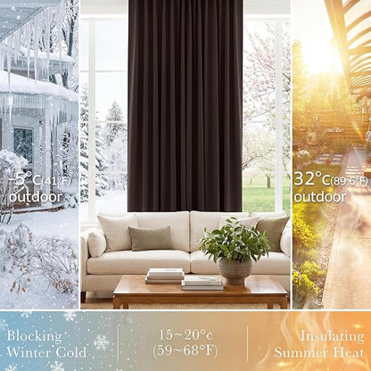 PONY DANCE Black Out Curtains for Bedroom Window, Room Darkening 96 inch Curtains 2 Panel Set, Thermal Insulated Drapes for Living Room Window Treatment, Back Tab/Rod Pocket, 52 x 96 Inch, Brown