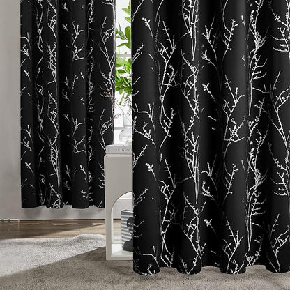 Deconovo Black Blackout Curtains, Thermal Insulated Soundproof Privacy Curtain Drapes, Branch Foil Print, 42 x 72 Inch Long, 2 Panels, Machine‑Washable Window Panel for Bedroom Living Room Office Home