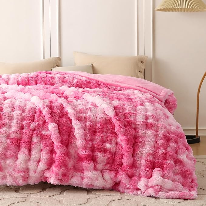 COOVA Faux Fur Throw Blanket for Couch, Cozy Soft and Fuzzy Plush Rabbit Fur Bubble Blanket for Sofa Bedroom Living Room, 50x60 Inches Tie Dye Pink