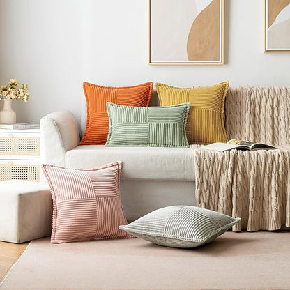 MIULEE Decorative Throw Pillow Covers for Couch Bed Livingroom 20x20 Inch Set of 2 Gold Boho Accent Throw Pllows Broadside Striped Patchwork Soft Corduroy Summer Pillowcases