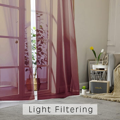 OWENIE Sheer Curtains, Sheer Curtains 63 inch Length 2 Panels Set, Rod Pocket Voile Fimly Sheer Drapes for Living Room/Bedroom, 2pcs, Each 42" W x 63" L, Burgundy