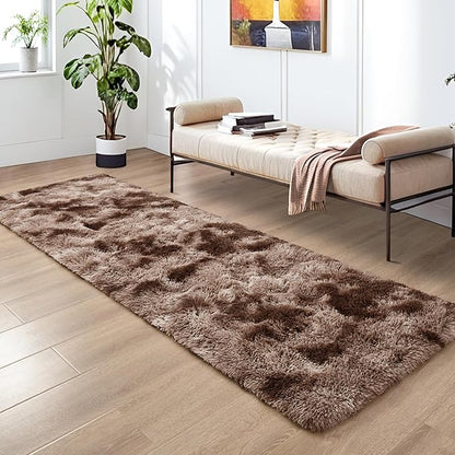 Tepook Fluffy Runner Rugs for Bedroom Aesthetic 2x6 Feet, Shag Soft Bedside Rug with Non-Slip Bottom, Fuzzy Plush Carpet for Room, Hallway Rug for Nursery Dorm Indoor Home Decor, Tie-Dyed Coffee