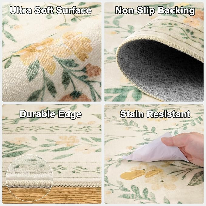 Round Area Rug for Living Room: 6 ft Floral Washable Circle Rug Soft Non-Slip Carpet Indoor Stain Resistant Low Pile Small Circular Rug for Bedroom Entryway Kitchen Nursery Home Office Beige/Multi