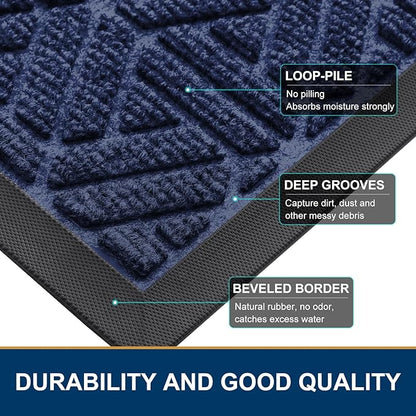 Smiry Front Door Mat Outside Entrance, Heavy Duty Sturdy Natural Rubber Doormat, Trap Dirt and Moisture, Easy Clean Low Profile Mats for Indoor Outdoor Entry, Grid Geometric (29.5x17, Navy Blue)