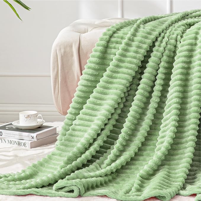BEDELITE Fleece Blanket Twin Size – 3D Ribbed Jacquard Soft and Warm Decorative Fuzzy Blankets – Cozy, Fluffy, Plush Lightweight Throw Blankets for Couch, Bed, Sofa(Sage Green, 60x80 inches)