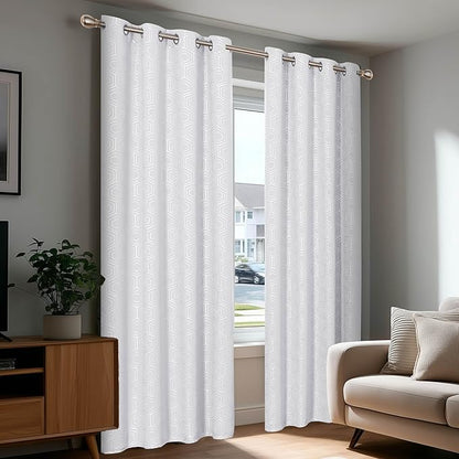 Deconovo White Curtains, Room Darkening Living Room Curtain, Thermal Insulated Soundproof Drapes, Hexagon Silver Print Pattern, 52 x 72 Inch, Grommet Panel for Bedroom Kitchen Office Nursery, Set of 2