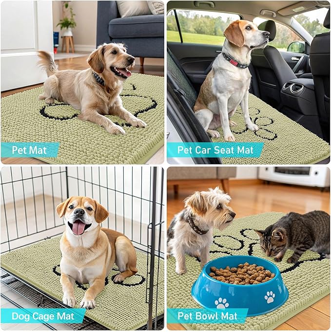 OLANLY Dog Door Mat for Muddy Paws 30x20, Paw Print Design, Absorbs Moisture and Dirt, Absorbent Non-Slip Washable Doormat, Quick Dry Chenille Mud Mat for Dogs, Entry Indoor Entryway Carpet, Vanilla