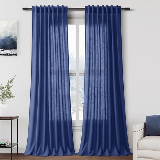 Extra Long Classic Blue Linen Curtains 120 Inch for Living Room 2 Panels Set Rod Pocket Back Tab Light Filtering Semi Sheer Linen Window Drapes Privacy High Ceiling Drapes for Farmhouse 52x120