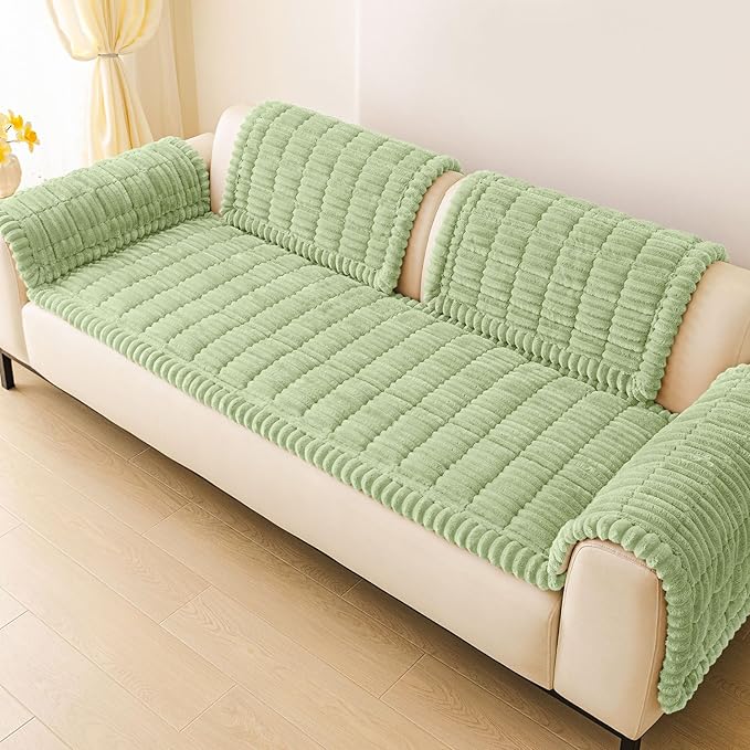 hyha Couch Covers for Dogs Washable, Non Slip Plush Dog Sofa Protectors, Fuzzy Pet Couch Covers for 3 Cushion Sofa Pet Friendly (Green, 27.6" x 88")