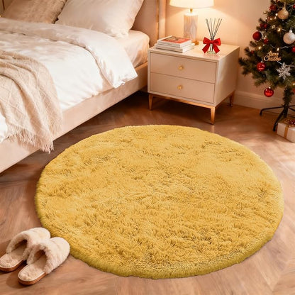 OLANLY Mustard Yellow Round Rugs for Bedroom - Machine Washable, 4 ft Circle Area Rugs for Living Room, Soft and Fluffy Shaggy Carpet for Teen Girl and Boys, Nursery Rooms, Dorms, Home Decor Aesthetic