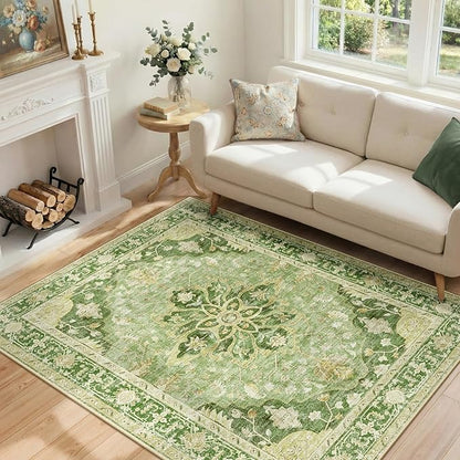 RELEANY Area Rugs 4'x6' Washable Non-Slip, Floral Vintage Distress Print Pattern Medallion Carpet for Living Room Bedroom Dining Room, Sage Green Yellow