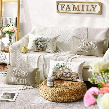 AVOIN Colorlife Bless Our Home Farmhouse Eucalyptus Leaves Throw Pillow Covers, 12 x 20 Inch Truck Sweet Home Cushion Case Decorations Set of 4