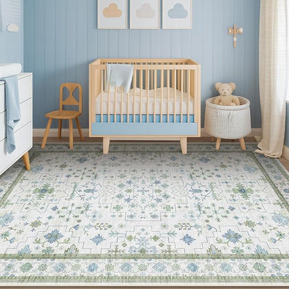 Hazo Haus Oushak Area Rug for Bedroom 5x7 - Blue and Green Vintage Boho Floral Geometric, Washable Low Pile Non Slip Area Rugs for Nursery Room, Foyer, Cozy Aesthetic Room Decor