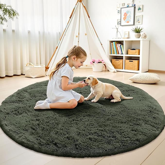 OLANLY Olive Green Round Rugs for Bedroom - Machine Washable, 9 ft Circle Area Rugs for Living Room, Soft and Fluffy Shaggy Carpet for Teen Girl and Boys, Nursery Rooms, Dorms, Home Decor Aesthetic