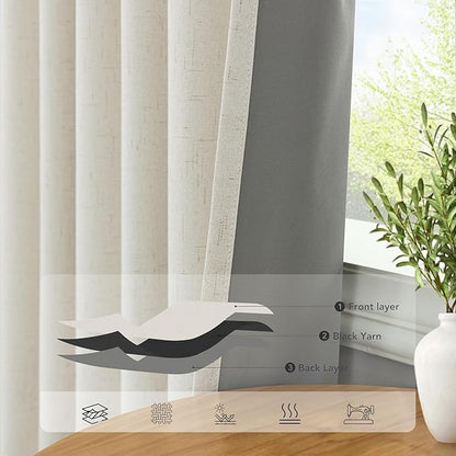 Pitalk 108 Inch Long Blackout Curtains & Drapes for Patio Sliding Glass Doors Back Tab Pocket Pleated 2 Panels Set Linen Black Out 9FT Ceiling to Floor Length Curtains for Living Room Cream 42 x 108