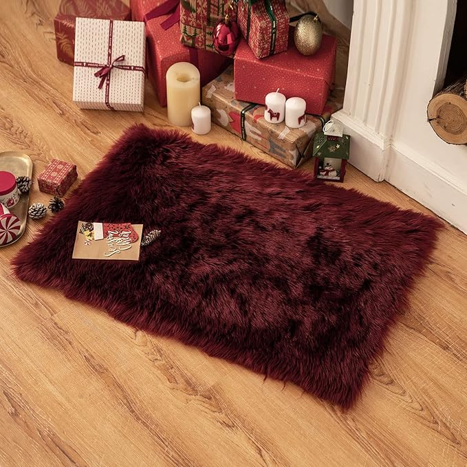MIULEE Fluffy Rug Soft Shaggy Faux Fur Area Rug Luxury Plush Rectangle Carpet for Bedroom Living Room Sofa Chair 2 x 3 Feet,Wine Red