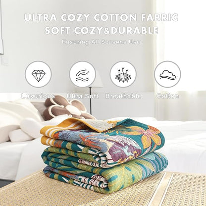 MSGKV Boho Throw Blanket for Couch and Sofa Cotton Blankets for Living Room Bedroom Reversable Florals Throw 60"x80" Spring Breathable Cozy Blankets