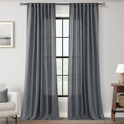 Dark Gray Curtains for Living Room Back Tab Modern Farmhouse Semi Sheer Gray Curtains 102 inches Long 2 Panels Set Muted Neutral Window Curtain for Dining Room Bedroom 52x102
