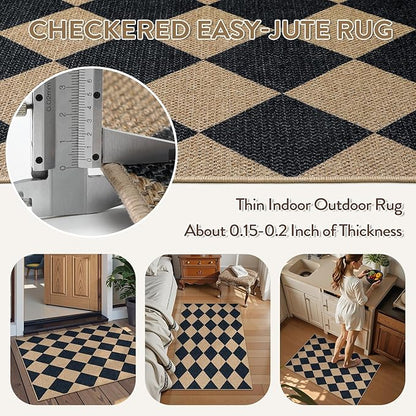 Lahome Colette Checkered Easy Jute Kitchen Rug, 2x3 Front Door Mat Non Slip Washable Neutral Area Rug, Farmhouse Diamond Non Shedding Low Pile Floor Carpet for Entryway Porch Doorway