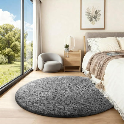 Ophanie Round Rug 4Ft Grey Circle Area Rugs, Fluffy Fuzzy Small Bedroom Carpet 4 Foot, Plush Shag Floor Gray Living Room Christmas Circular Aesthetic Decor for Kids Teen Boys Baby, Nursery, Classroom