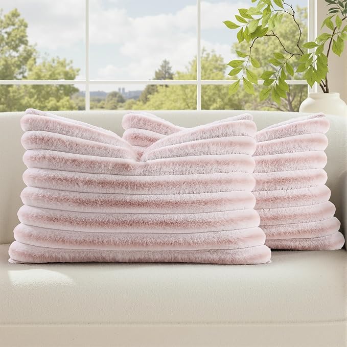 decorUhome Summer Cozy Faux Fur Throw Pillow Covers 12x20 Set of 2 Decorative Soft Plush Striped Lumbar Modern Farmhouse Boho Couch Pillow Cases with Velvet Back for Sofa Bed Living Room, Pink White