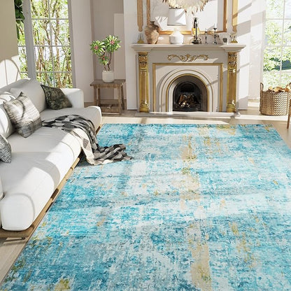 Ompaa Living Room Rug 8x10 Teal Blue Area Rugs Machine Washable Abstract Boho Large Rug Non-Slip Non-Shedding Faux Wool Indoor Vintage Carpet for Bedroom, Classroom, Dining Room, Kids Playroom