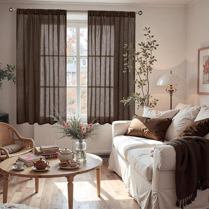 BGment Linen Curtains 54 Inch Length for Window, Brown Semi Sheer Drapes Light Filtering Textured for Living Room Kitchen Bathroom Decor Rod Pocket, 2 Panels Set, Each 42 Inch Wide