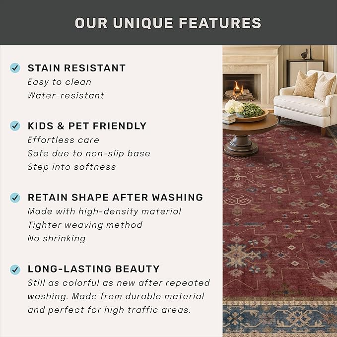 Boho 2x5 Small Kitchen Runners Rugs Non Slip - Washable Soft Area Rugs for Bedroom, Floral Non Skid Runner Carpet for Bathroom, Laundry Room, Hallway, Entryway (Dark Red)