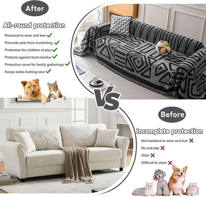 HANDONTIME Boho Geometric Couch Covers for Sofa Pet Friendly Dark Grey and Black Sofa Covers Washable Chenille Couch Blanket Cover for 2 Cushion Couches Pet Protector Furniture Cover Soft, 71" X 102"
