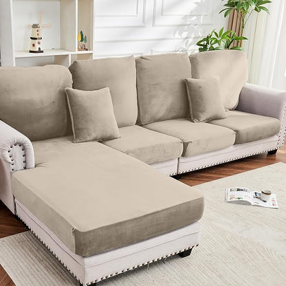 Couch Cover 8-Piece Elastic Velvet Couch Cushion Covers & Chaise Slipcovers for L-Shaped Sofas - Sofa Seat Covers Washable, Soft Protector for Couches (7 Seater + Chaise, Taupe)
