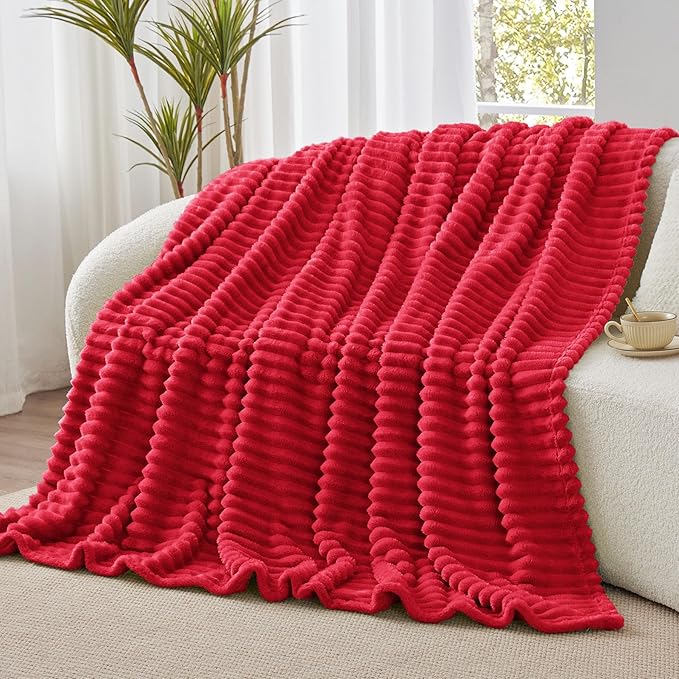 BEDELITE Twin Blanket for Couch & Bed, 300GSM Soft & Warm Fleece Blanket, Decorative and Giftable Striped Red Blankets for Women, Men, 60"x80"