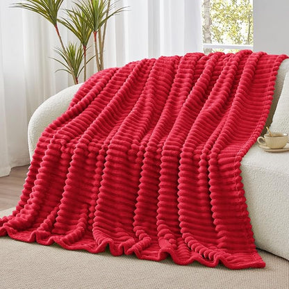 BEDELITE Twin Blanket for Couch & Bed, 300GSM Soft & Warm Fleece Blanket, Decorative and Giftable Striped Red Blankets for Women, Men, 60"x80"