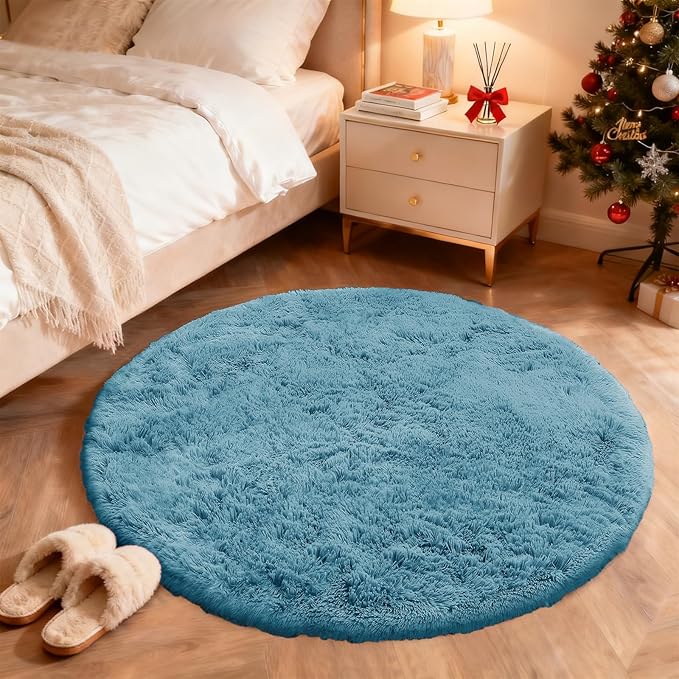 OLANLY Slate Blue Round Rugs for Bedroom - Machine Washable, 6 ft Circle Area Rugs for Living Room, Soft and Fluffy Shaggy Carpet for Teen Girl and Boys, Nursery Rooms, Dorms, Home Decor Aesthetic
