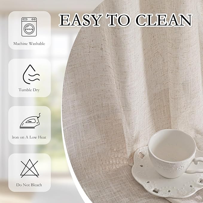 MYSKY HOME Natural Linen Curtains 24 Inch Long for Kitchen, Semi Sheer Light Filtering Window Panels Rod Pocket Valance Neutral Drapes for Small Window/Cafe/Bathroom Basement, 2 Panels, 34 x 24 Inch