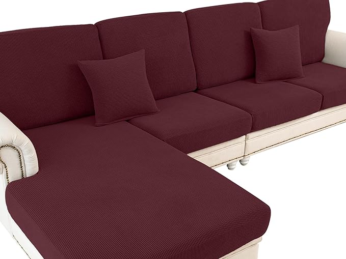 Couch Cushion Chaise Lounge Cover Washable Separate Seat Chaise Couch Cover Stretch Sectional Sofa Slipcover (1 Piece for Chaise or Sofa 3-Seater, Burgundy)