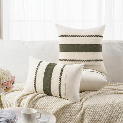 Fancy Homi Set of 1 Boho Olive Green Long Lumbar Decorative Throw Pillow Cover 16x24 Inch for Couch Bed Sofa Chair, Modern Organic Farmhouse Home Decor, Soft Cotton Cute Accent Rectangle Cushion Case
