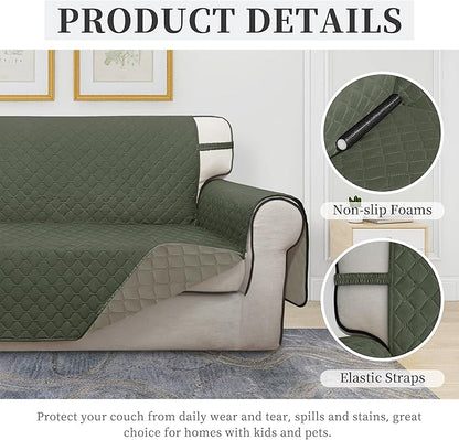 ISSUNTEX Double Protection 100% Waterproof Loveseat Sofa Covers for Living Room, Couch Covers for 2 Cushion Couch, Reversible Furniture Protector Sofa Cover for Dogs (Loveseat, Greyish Green/Beige)