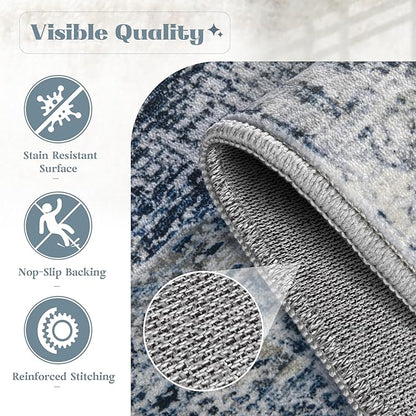 Area Rug 8x10 Washable Rug, Vintage Boho Medallion Rugs Non-Slip Soft Low Pile Large Distressed Rug Indoor Retro Carpet for Living Room Bedroom Dining Room Home Office (Blue, 8'x10')