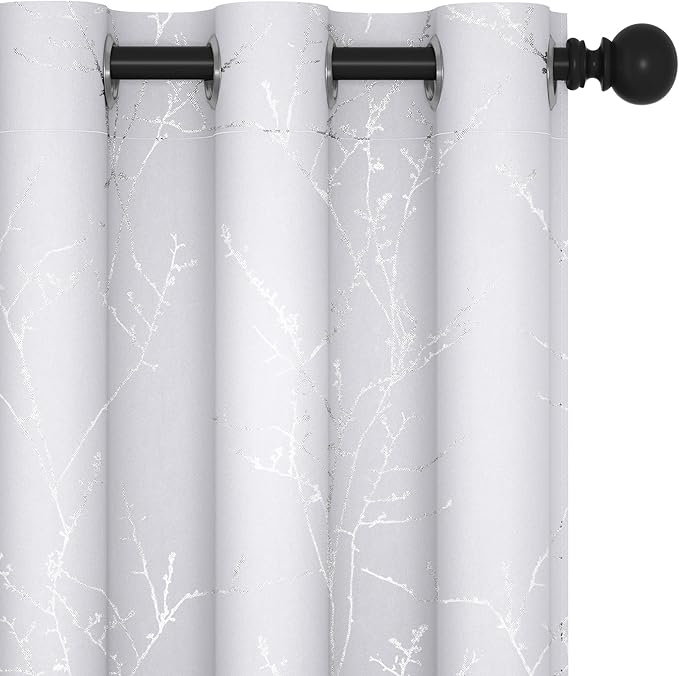 Deconovo Greyish White Curtains, Room Darkening Short Curtain, Thermal Insulated Soundproof Drapes, Silver Branch Print, 42 x 45 Inch, Grommet Window Panel for Small Windows Bedroom Kitchen, Set of 2