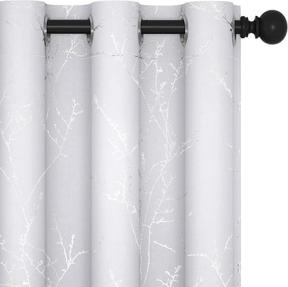 Deconovo Greyish White Curtains, Room Darkening Curtain, Thermal Insulated Soundproof Drapes, Silver Branch Print, 42 x 63 Inch Long, Grommet Window Panels for Living Room Bedroom Nursery, Set of 2