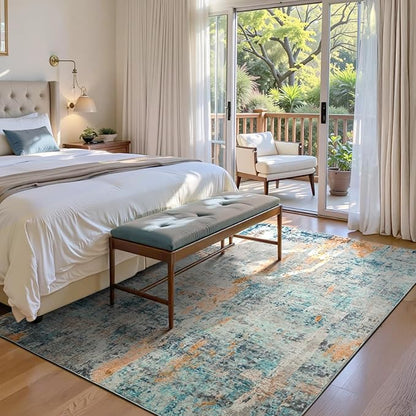 Area Rug 4x6 Blue Rug Washable Boho Rugs Non Slip Low Pile Abstract Small Carpet for Entryway, Bedroom, Kitchen, Classroom, Kids Room, Office, Dorm, Dining Room