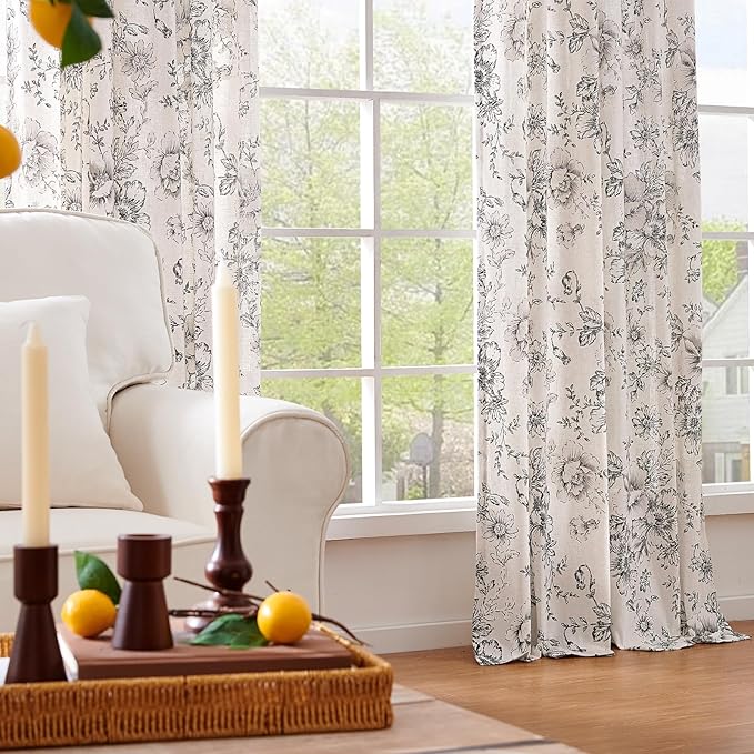 jinchan Linen Blend Curtain Floral Curtains for Living Room 90 Inch Length Black Printed Curtain Rod Pocket Back Tab Farmhouse Peony Flower Patterned Drapes Bedroom Window Curtains Set 2 Panels