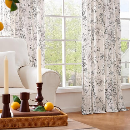 jinchan Linen Blend Curtain Floral Curtains for Living Room 90 Inch Length Black Printed Curtain Rod Pocket Back Tab Farmhouse Peony Flower Patterned Drapes Bedroom Window Curtains Set 2 Panels